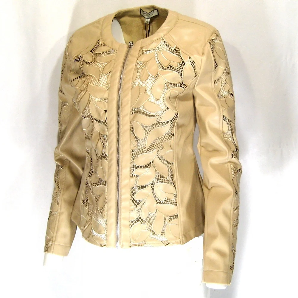BAGATELLE COLLECTION BEIGE SOFT FAUX LEATHER COMFORT SPRING EMBROIDERY JACKET - Picture 3 of 6
